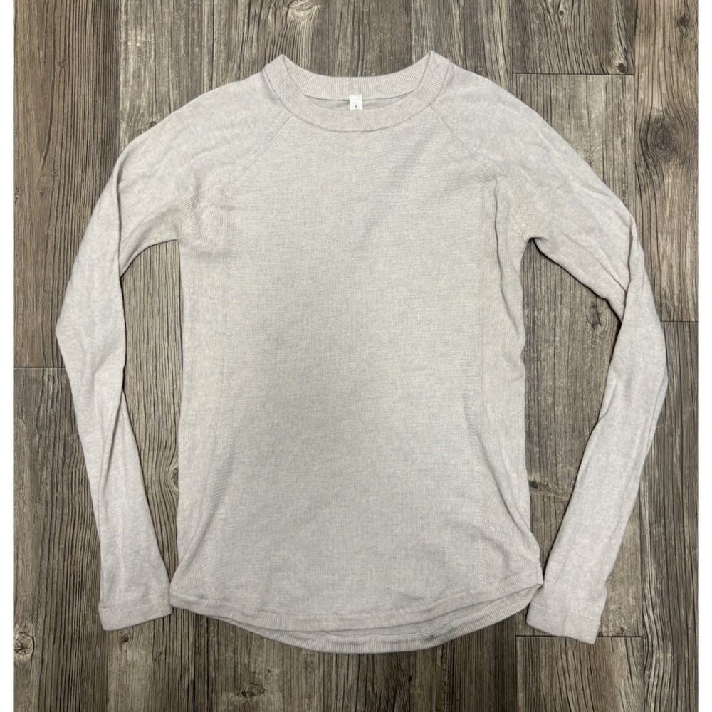 Lululemon 100% Merino Wool Ivory Ribbed Crew Neck Henley Sweater Womens Sz 8 EUC